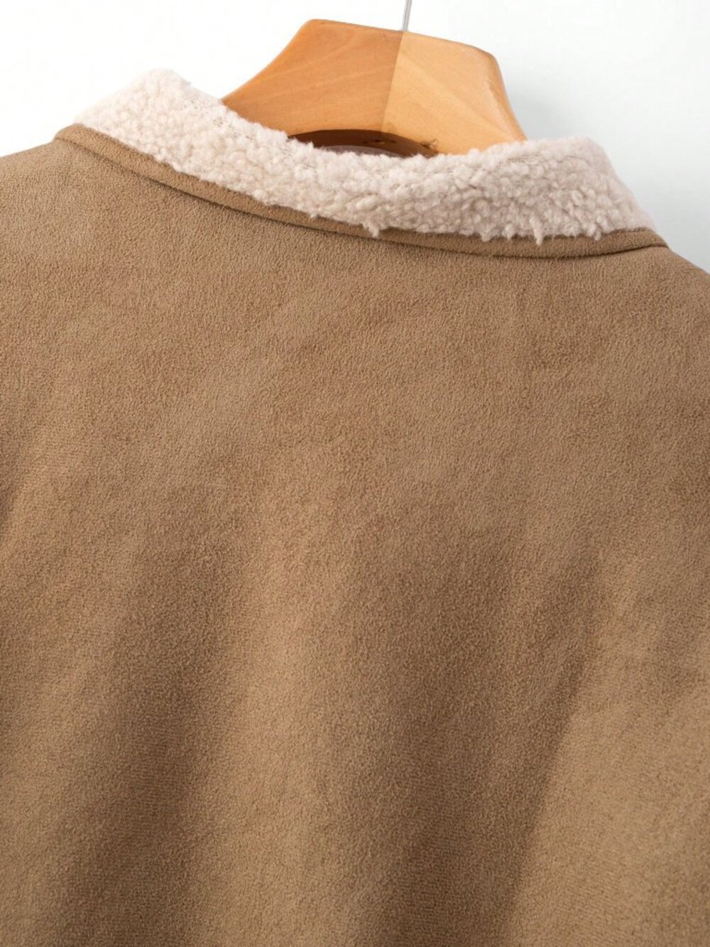 Khaki Casual Women's Oversized Drop Shoulder Zipper Faux Suede Fleece Jacket - Picture 3 of 7